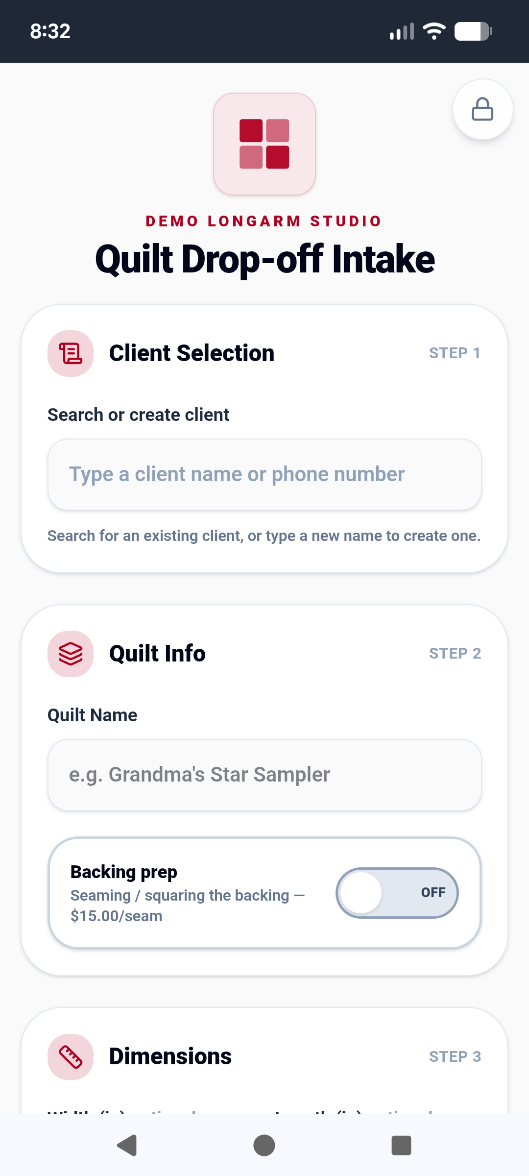 Quilt drop-off intake screen with client selection and quilt info