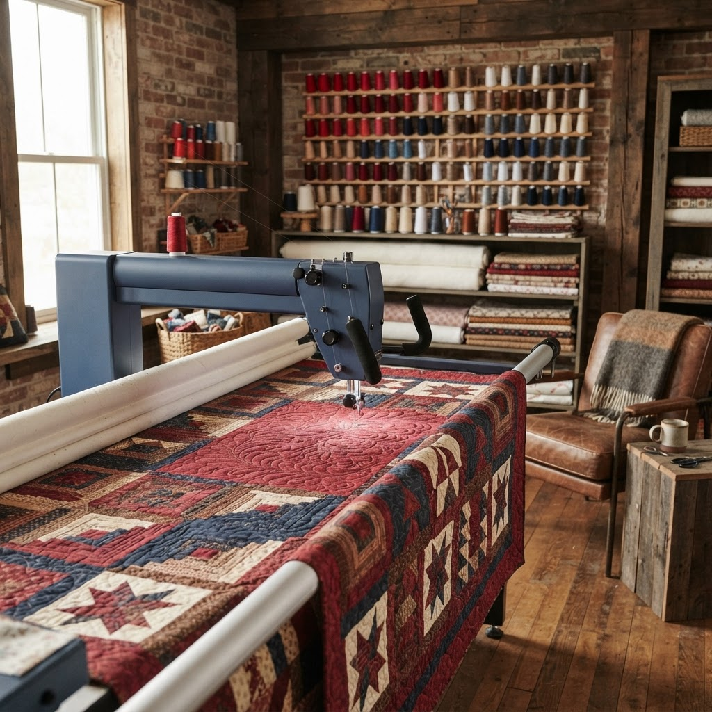 A professional longarm quilting studio with a quilt stretched on the machine frame and organized thread and batting shelves